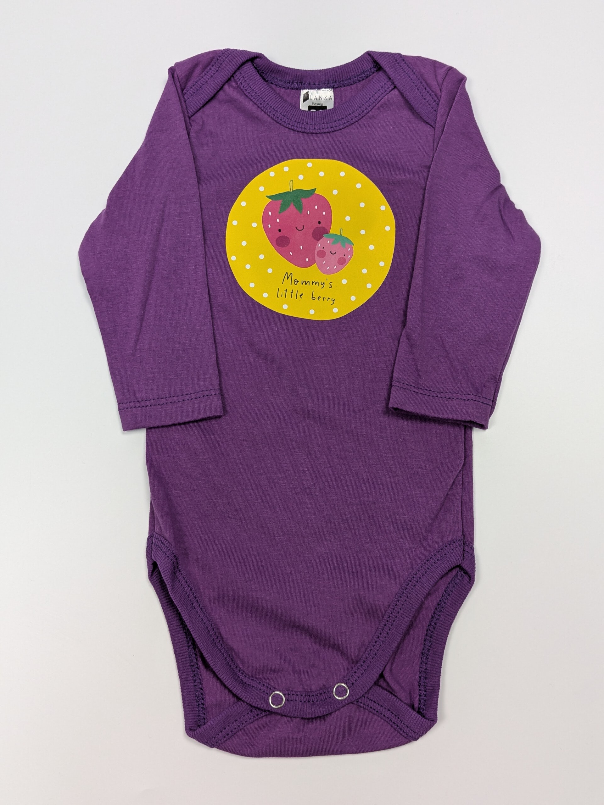 Боді фіолетовий з принтом малини, довгий рукав, кулір