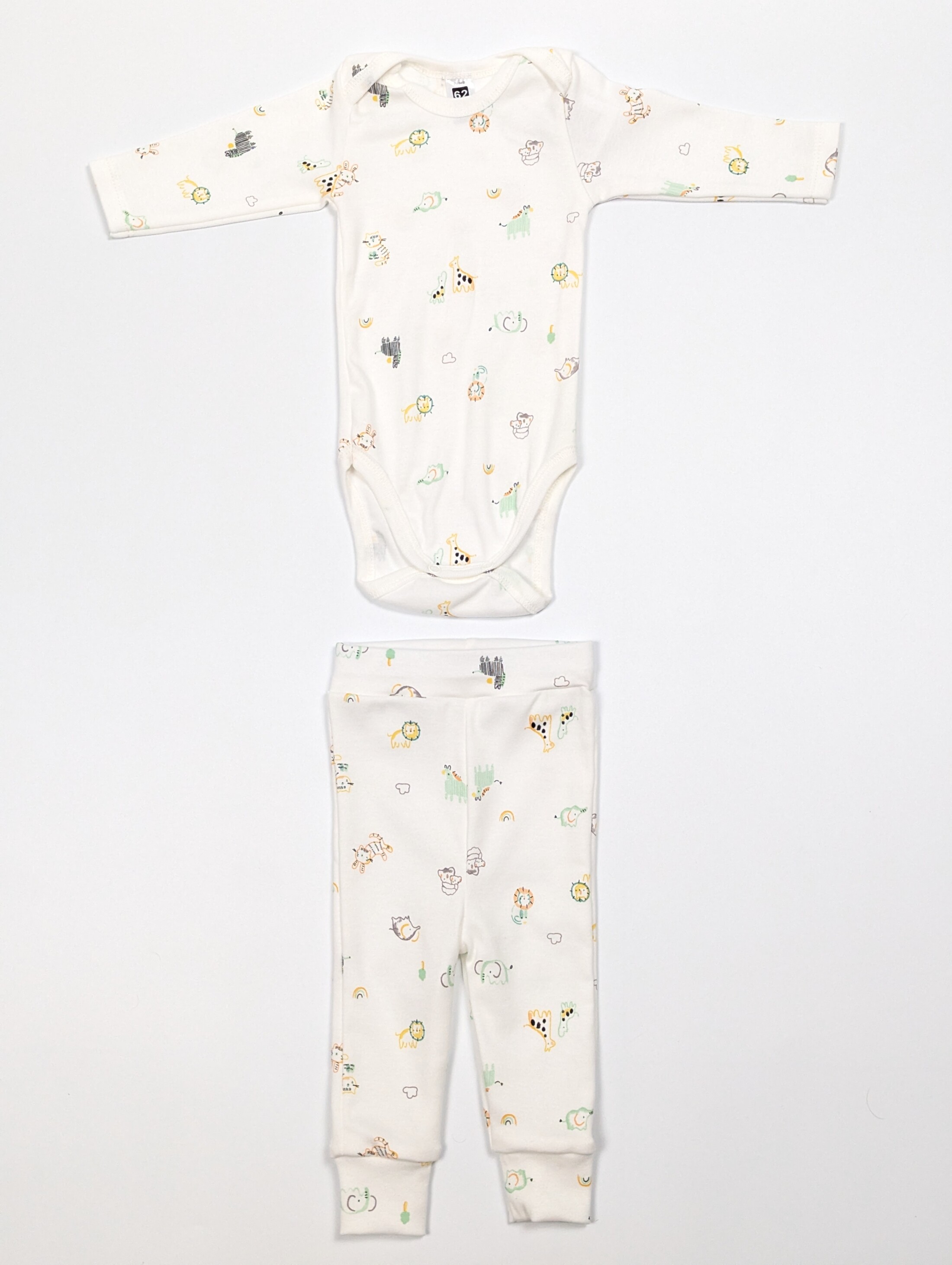 Розкладений комплект з малюнками тваринок: боді довгий рукав + штанці, інтерлок