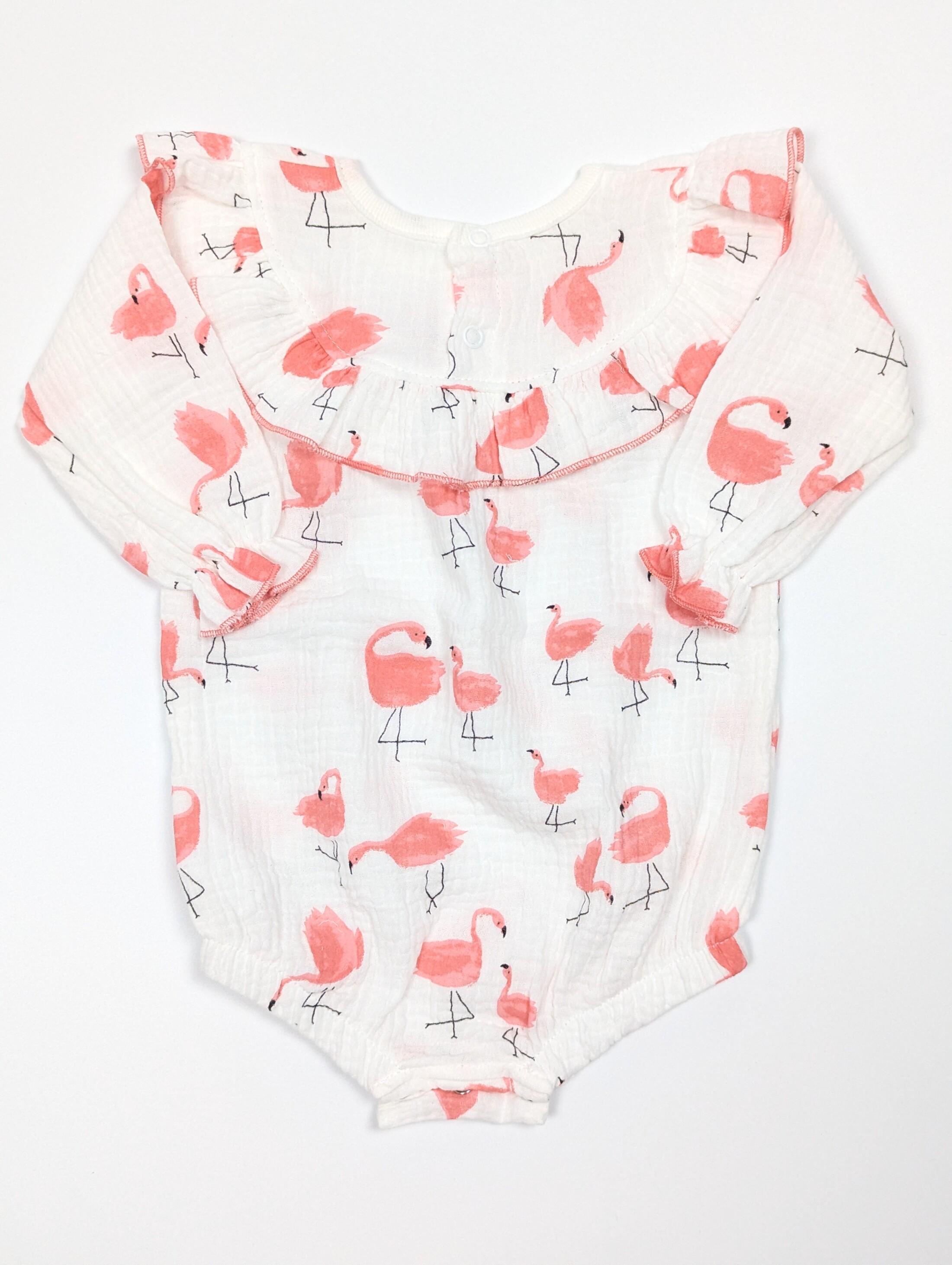Боді з рюшею та фламінгами, довгий рукав, муслін зі складеними рукавами