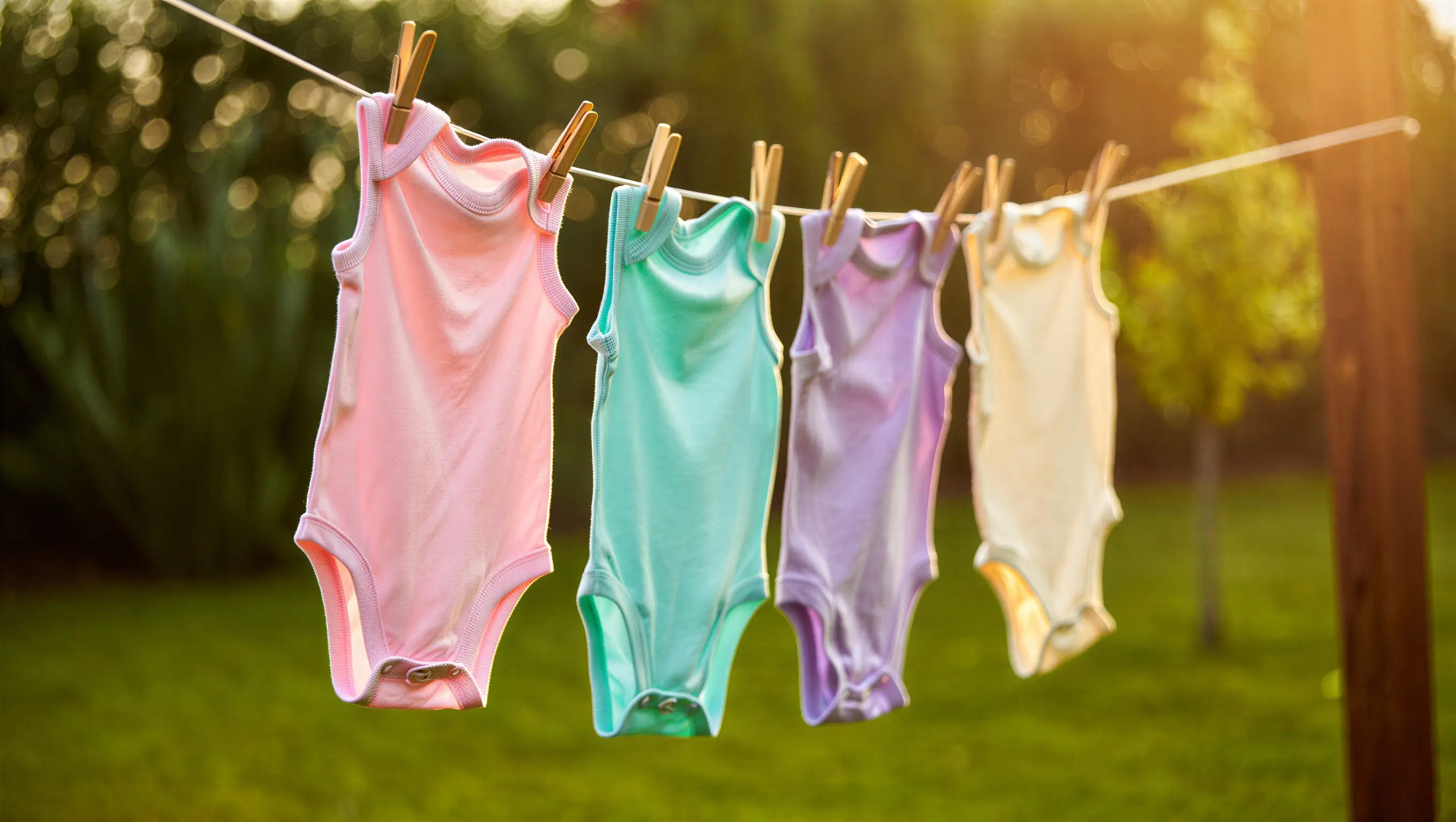 Чотири дитячі боді рожевого, блакитного, фіолетового та жовтого кольорів висять на мотузці для білизни в саду на фоні розмитої зелені.