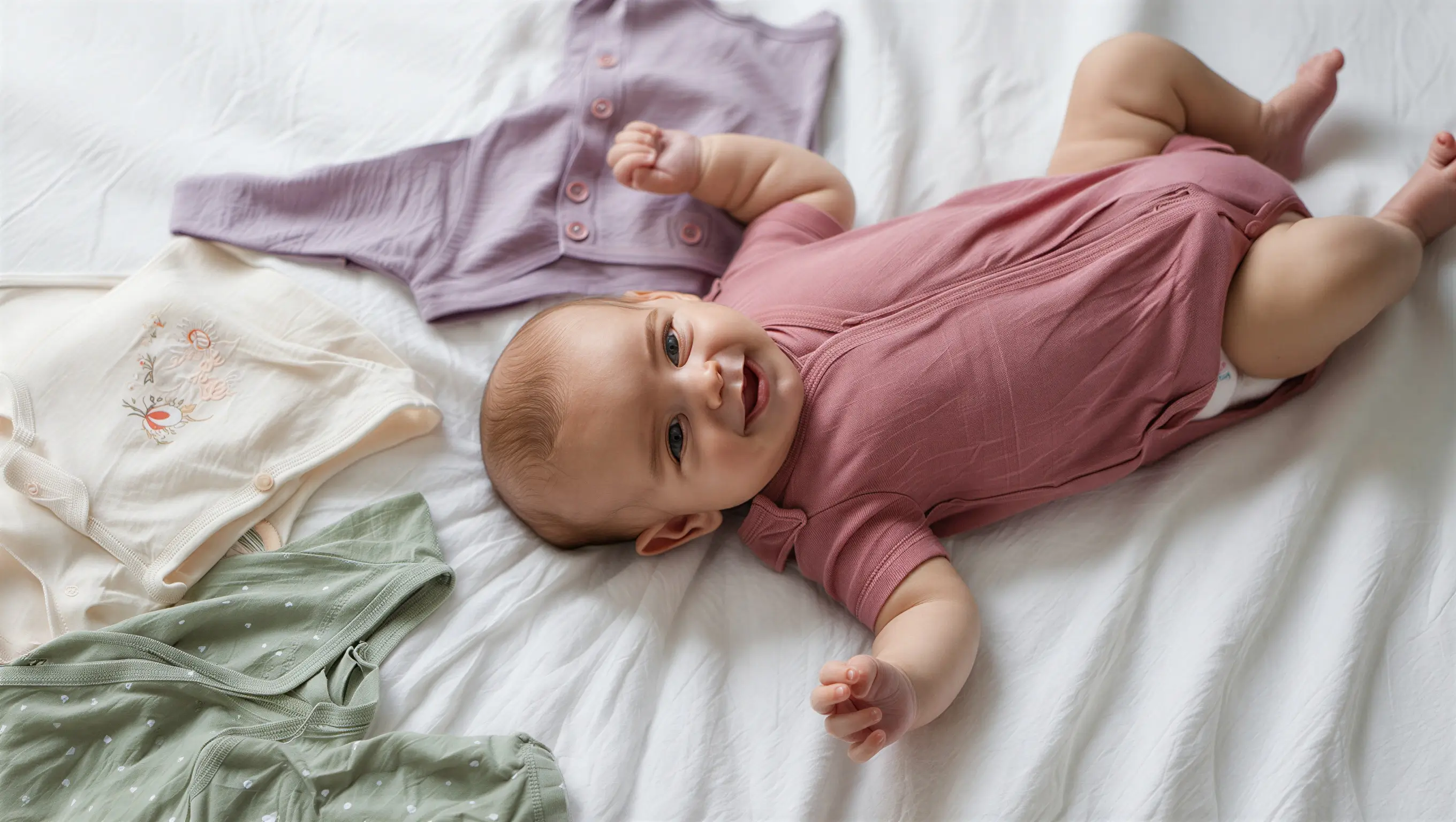 Усміхнене немовля лежить на білому простирадлі поруч із декількома варіантами дитячих боді пастельних кольорів.